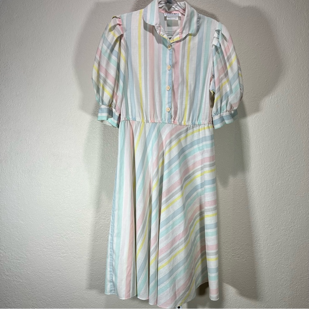 VTG 80"s Ambrosia Rainbow Pastel Pleated Puff Sleeve Skater Dress Sz 7 (Sm)